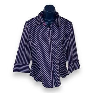 LARGE VINTAGE TANGENTS PINK BLACK STRIPED STRETCH BLOUSE BUTTON FRONT